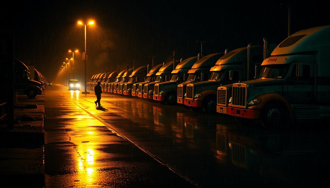 Semi trucks parked at a rainy American truck stop at night