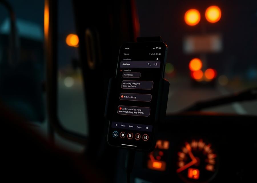 The Driver's Edge assistant open on a phone mounted in a truck cab at night