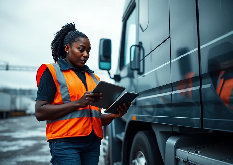 Black female commercial driver reviewing information on a tablet beside her truck